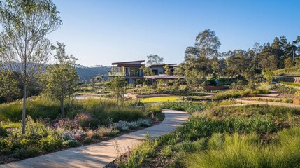 Fototapeta premium Landscaped Garden Path Leading to Modern Houses on a Sunny Day