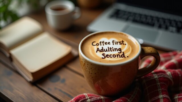 A cappuccino with "Coffee first, adulting second." scripted in rich foam. A cozy plaid blanket, rustic wood, and warm lighting create a relatable, comforting coffee moment.