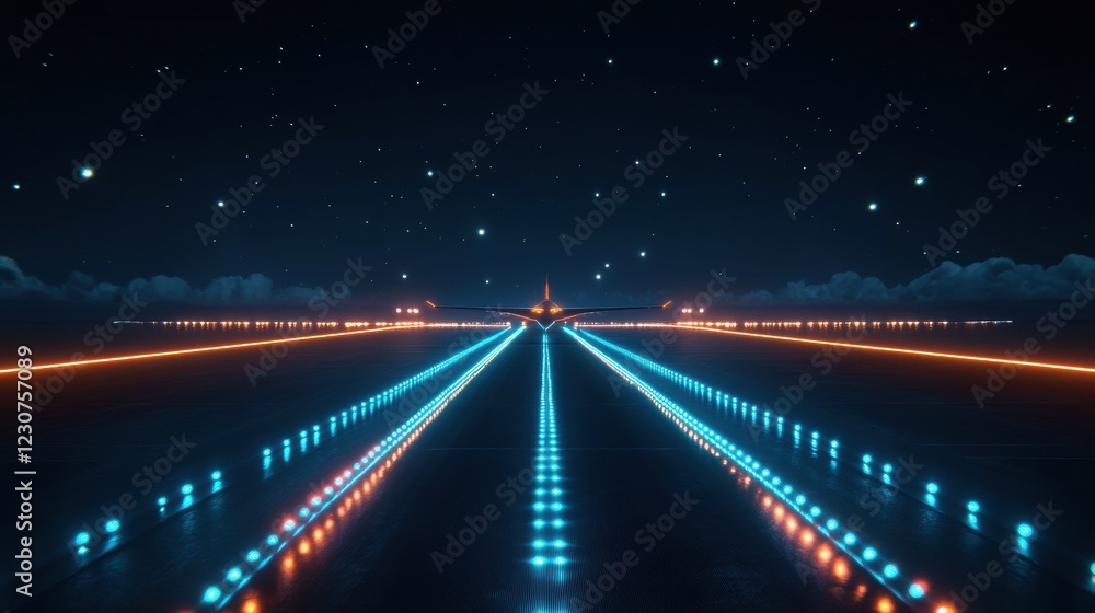 Aufkleber airplane landing on illuminated runway at night, surrounded by colorful navigation lights and starry