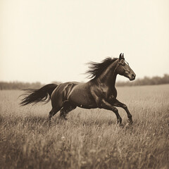 Beautiful and majestic horses running through a field elegantly