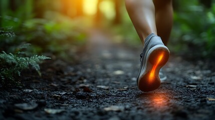 a close-up of a person's foot wearing a gray sneaker, walking on a forest trail. The sole of the sneaker is illuminated with a glowing orange light, creating a striking visual effect