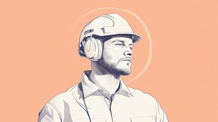 Portrait of a pensive construction worker wearing a hard hat and earmuffs against a peach background.