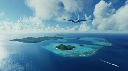 Naklejka premium Airplane glides gracefully over vast blue ocean with small islands below in sunny skies. Generative AI