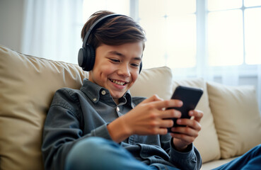 Asian boy happily plays online games on smartphone wearing headphones. Sits comfortably on sofa in home environment. Looks entertained, focused on screen. Boy appears to enjoying gaming session in