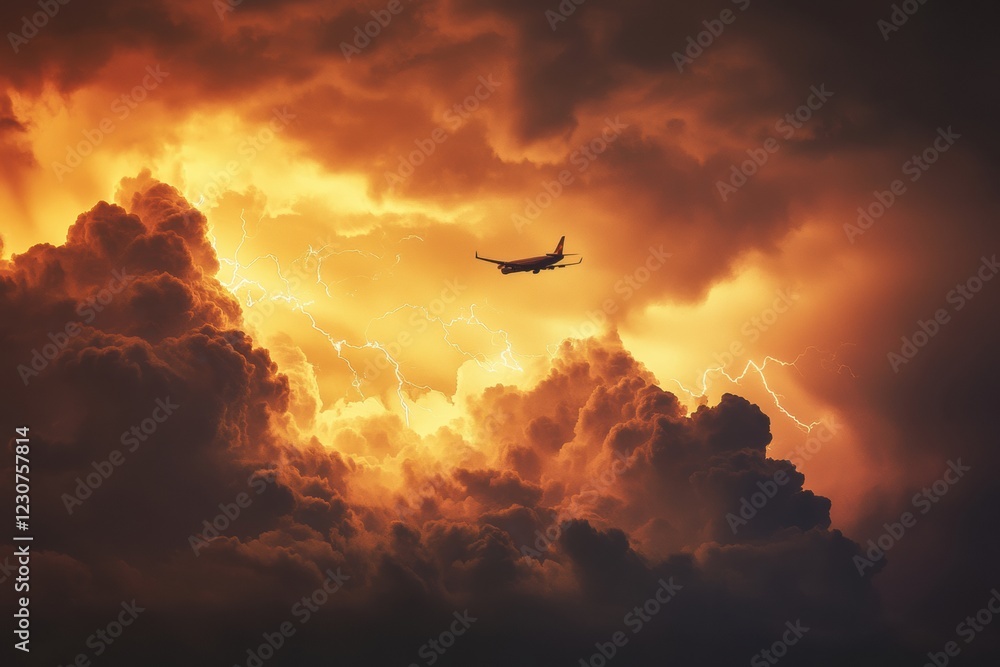 Poster Airplane navigates through turbulent storm clouds with dramatic lightning display in the evening sky. Generative AI