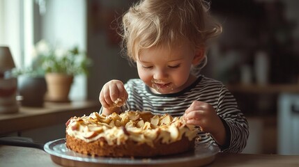   A young girl stands before a cake-laden plate on a table