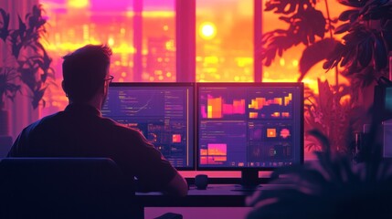 Man Working at Computer at Night, Sunset City View, Pink and Orange Lighting