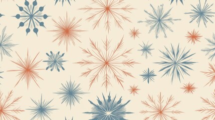 Seamless pattern of blue and orange snowflakes on a beige background.