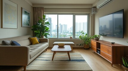 Fototapeta premium Modern Apartment Living Room with City View