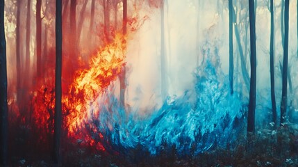 Fire and ice flames in forest background abstract use