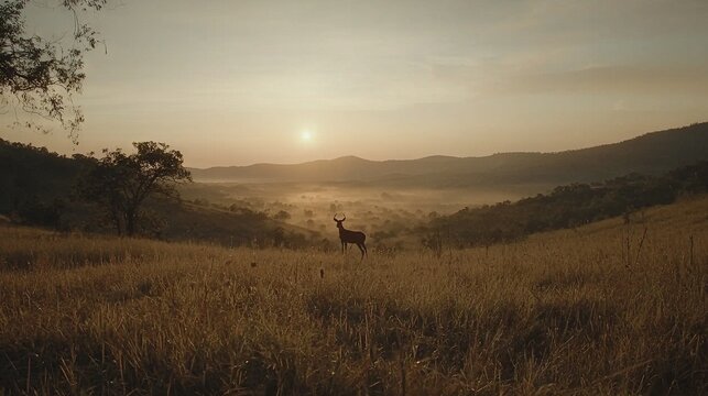   A deer stands in a grassy field as the sun sets in the distance, with mountains in the background
