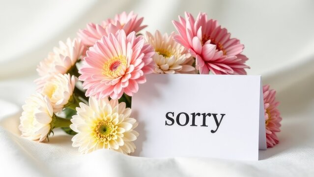  Bouquet of chrysanthemums in pastel colors with a white card. Text on the card: "Sorry." White satin background