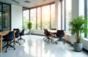Empty modern office space with wooden tables, black chairs. Bright sunlight streams through large windows. Bokeh effect blurs background. Interior design shows tech elements. Corporate work area with