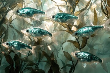 Fototapeta premium A school of iridescent fish gracefully swim amidst kelp forest, creating an underwater scene of tranquility and beauty.
