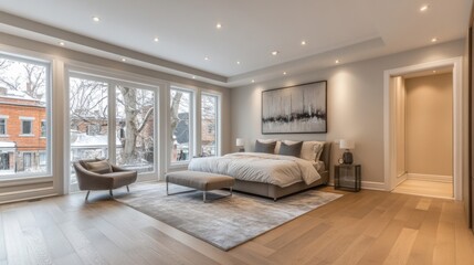 Fototapeta premium Modern Bedroom Interior Design with Large Windows and Hardwood Floors