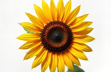 Fototapeta premium Bright yellow sunflower stands out against pure white background. Beautiful flower in vibrant colors. Close up view shows detailed petals, center. Nature scene ideal for summertime design. Plant