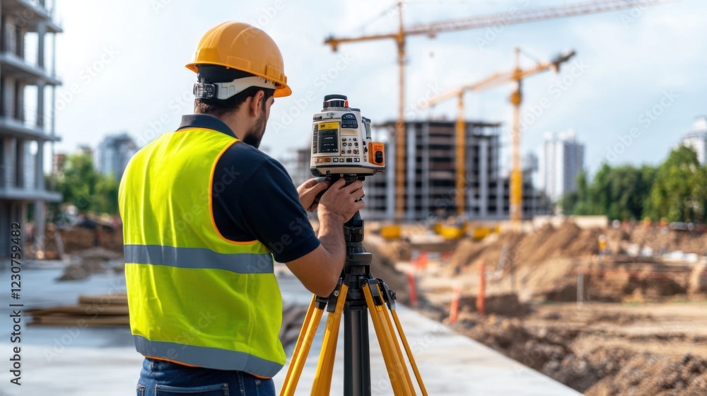 Poster construction worker using total station for surveying in urban building project with cranes in backg