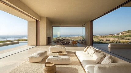 Fototapeta premium Modern Coastal Home with Ocean View and Minimalist Interior