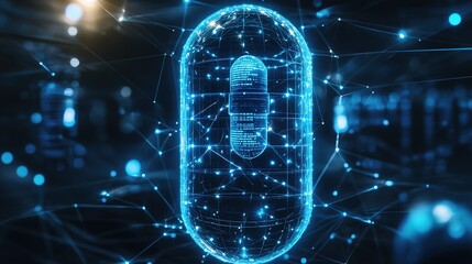 A futuristic capsule pill with glowing data connections, representing advanced blockchain health technology in the medical field.
