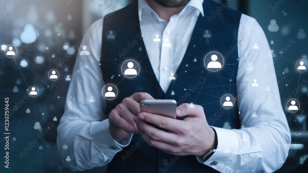 Poster networking and connection: businessman using mobile technology