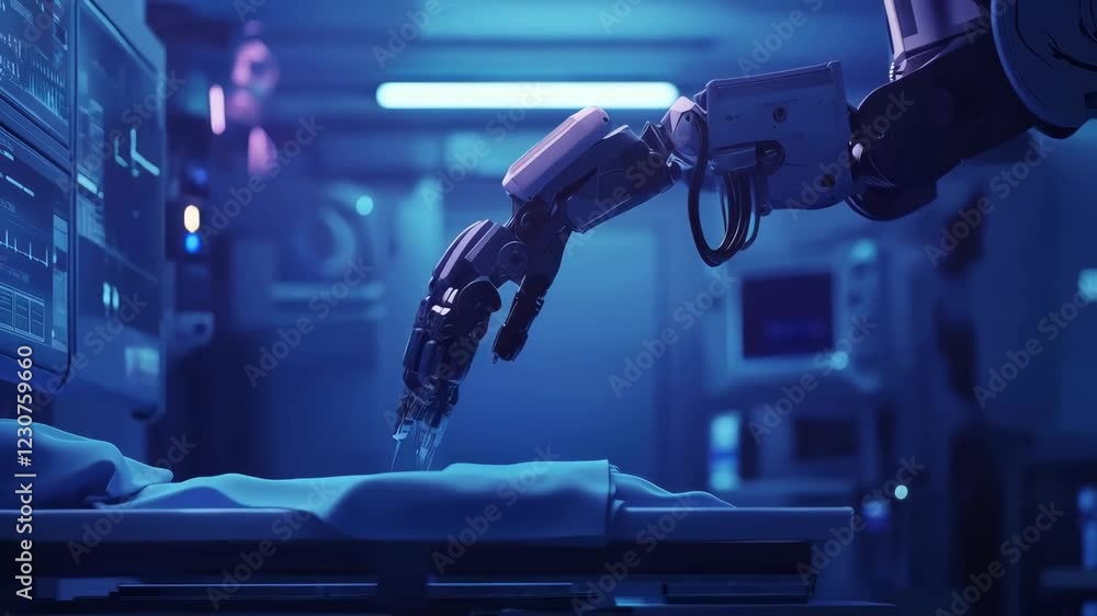 Poster robotic arm gently interacting with surface in futuristic environment