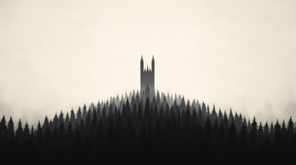 Obraz premium Silhouette of a gothic tower emerging from a misty forest.