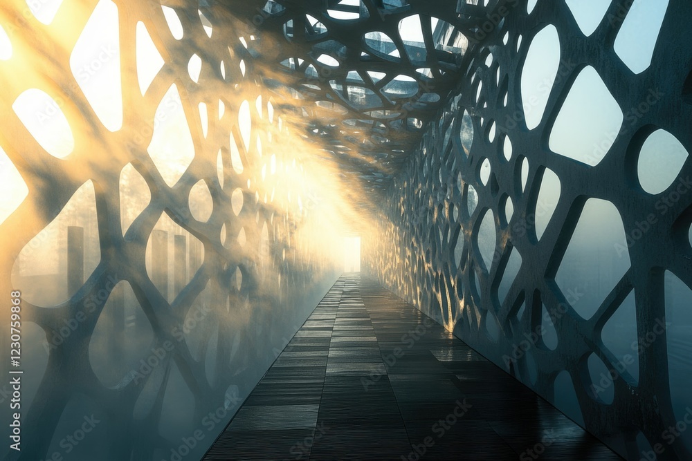 Poster sunlit pathway through a futuristic, organically-designed concrete structure with intricate cutouts.