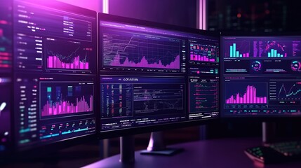 A futuristic dashboard displaying real-time data and analytics for market performance, featuring vibrant graphs and charts on multiple screens in an office setting. 