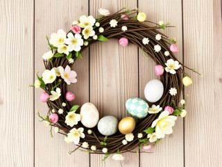 Round wreath of spring flowers, willow branches and painted eggs on a wooden background.