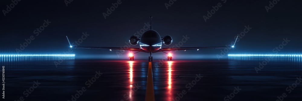 Aufkleber Airplane on illuminated runway at night with navigation lights creating a dramatic atmosphere. Generative AI