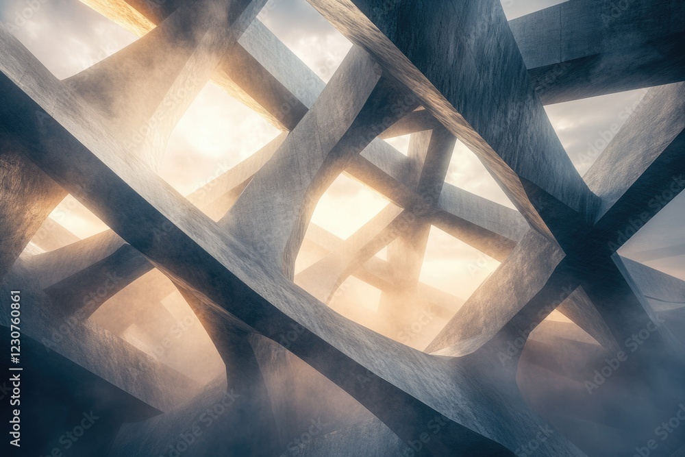 Poster abstract concrete structure with intersecting beams, bathed in hazy sunlight.