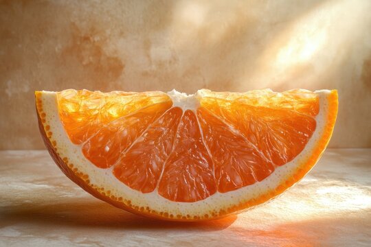 A juicy orange slice, backlit, reveals vibrant segments and texture. A refreshing citrus image.