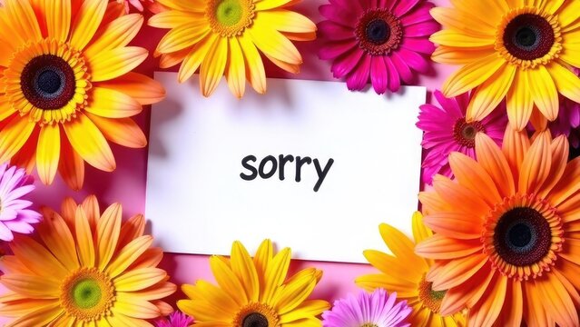 Bright flowers with a white card. The text on the card is “Sorry.” - Powered by Adobe