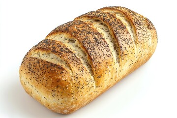 A golden-brown loaf of poppy seed bread, freshly baked and scored.