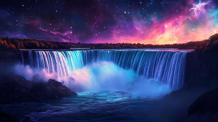 Explore the breathtaking beauty of niagara falls under a starry sky with vibrant colors and mystical atmosphere. Enchanted Falls. Illustration