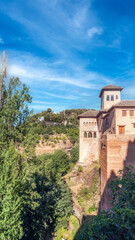 Alhambra with background of Generalife gardens and palace, Granada, Spain