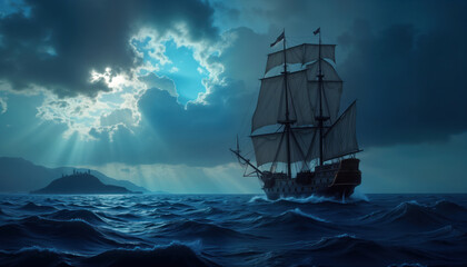 Pirate ship sails across stormy sea at night. Large vessel with sails historic image. Dark blue water, cloudy sky create dramatic atmosphere. Island silhouette appears in distance. Sailing vessel