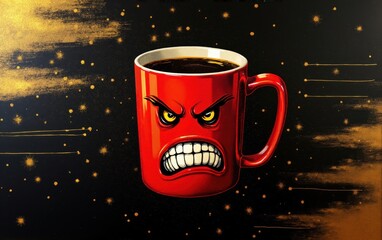 Red Coffee Mug with Angry Face on Dark Background