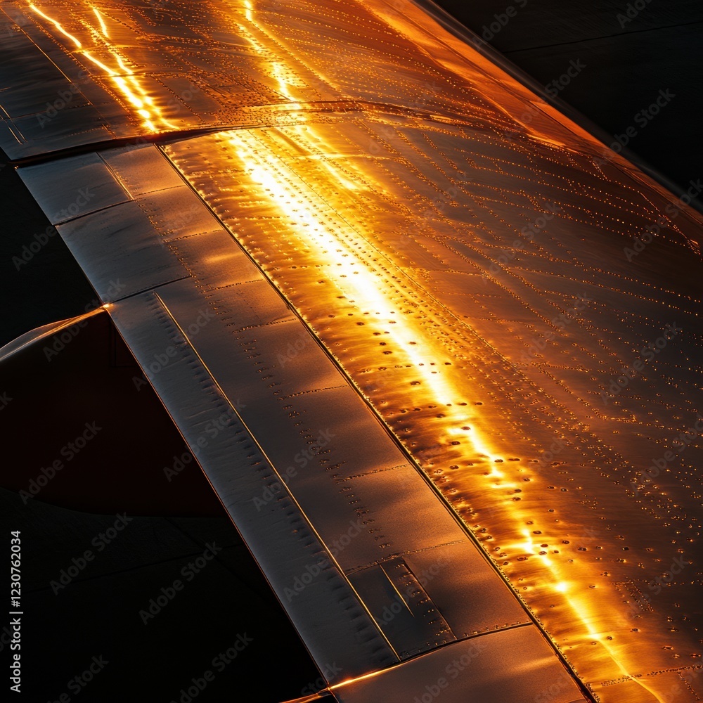 Aufkleber Sunset illuminates airplane wing creating a stunning display of colors and reflections during evening flight. Generative AI