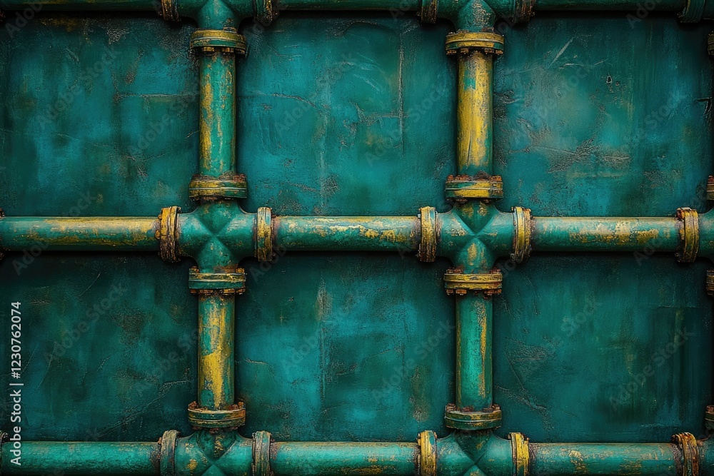 Poster teal grunge background with intersecting aged pipes forming a grid pattern.