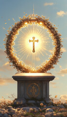 Easter themed product display podium background, Sacred light glow, glowing halo with Easter symbols, celestial sky with hints of golden light, spiritual significance of the easter season, ad