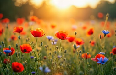 Naklejka premium Beautiful wildflowers in summer meadow. Red poppies and blue flowers bloom under golden sunset light. Nature scene is full of colorful wild flowers. Perfect summer day in countryside.