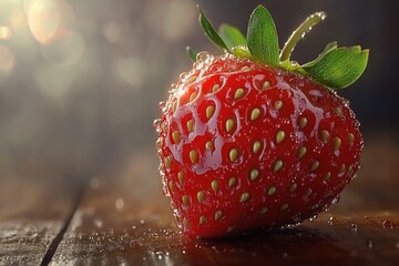 A single, glistening strawberry, vibrant red, rests on a dark wooden surface, water droplets clinging to its skin.