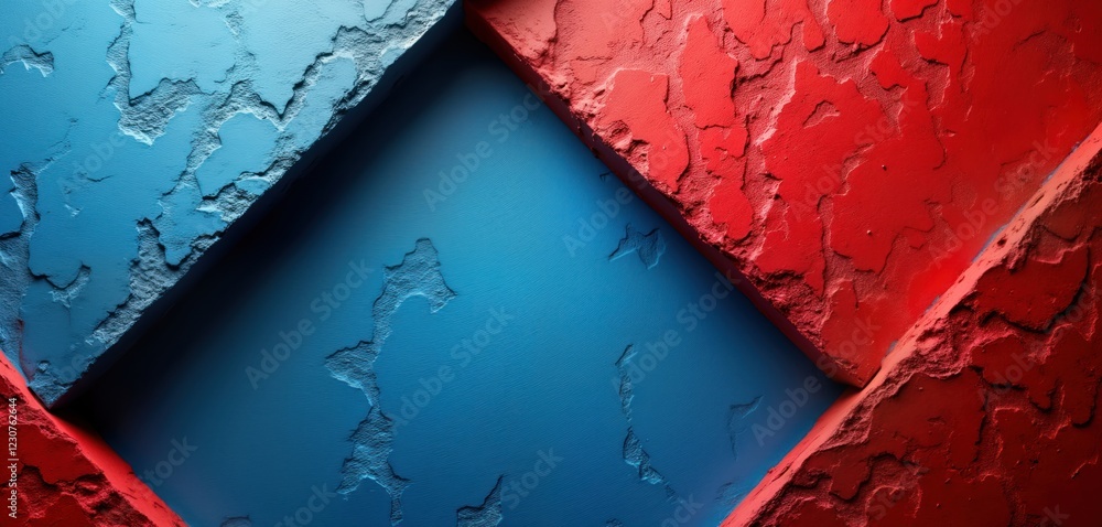 Poster abstract grunge decorative relief stucco wall texture. red, blue blocks meet in geometric design. ro