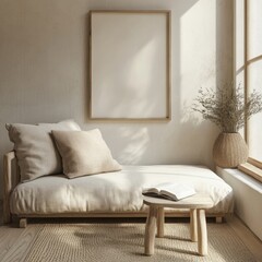A white couch with pillows and a book on it. A picture frame is on the wall