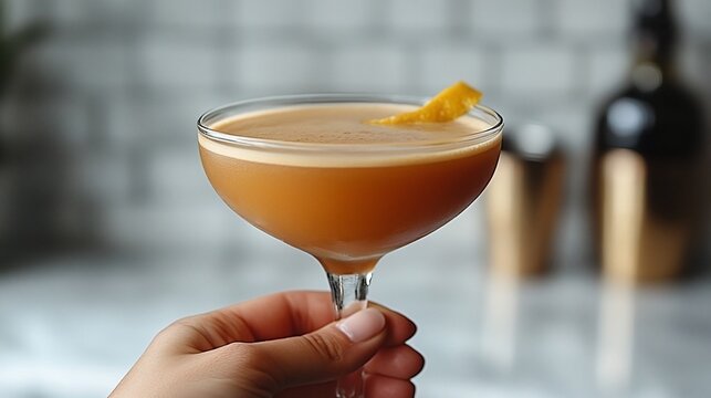 Elegant cocktail in a hand, garnished with citrus, set against a blurred bar background