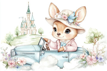 Cute animal character driving vintage car with castle in background, surrounded by flowers. character wears hat adorned with flowers, evoking whimsical and cheerful atmosphere