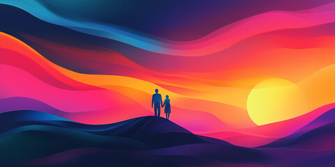 A couple stands on a hill, holding hands while gazing at a colorful sunset with flowing abstract waves in the sky, symbolizing love, unity, and tranquility
