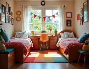 Cozy dorm room with two twin beds. Shared desk and colorful decorations create a friendly atmosphere. Sunlight streams through the window. Students likely share the space.