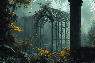 Obraz premium Overgrown metal structure in a misty forest, autumn leaves adding vibrant color to the scene.